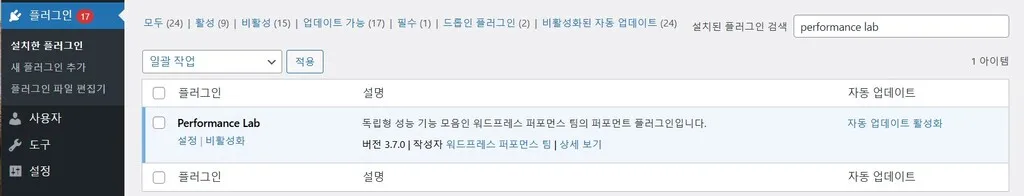 Performance Lab 플러그인을 활성화 한다