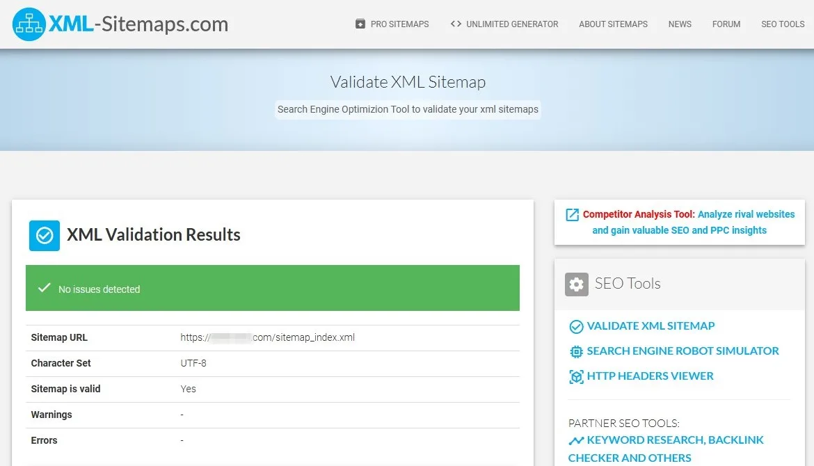 XML-Sitemaps.com에서 사이트맵 검증