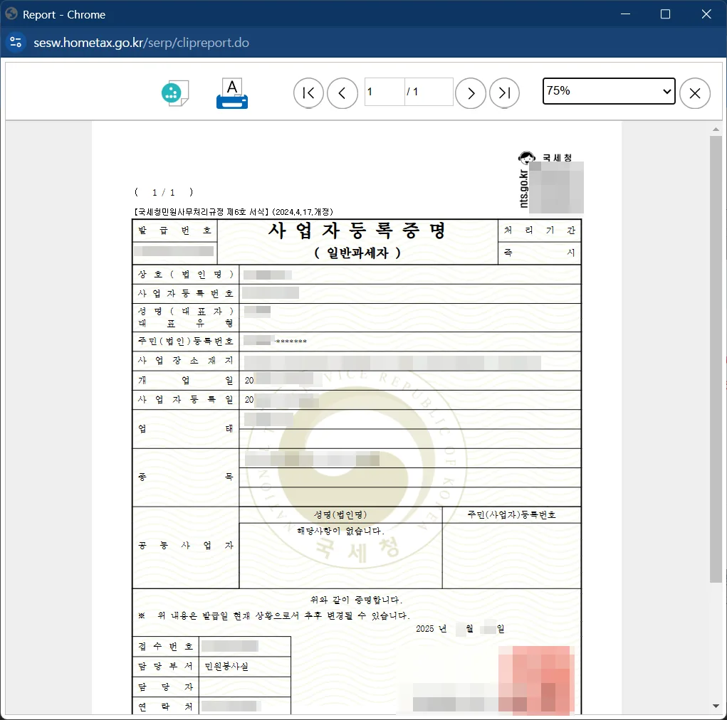 사업자등록증명(한글) 문서화면