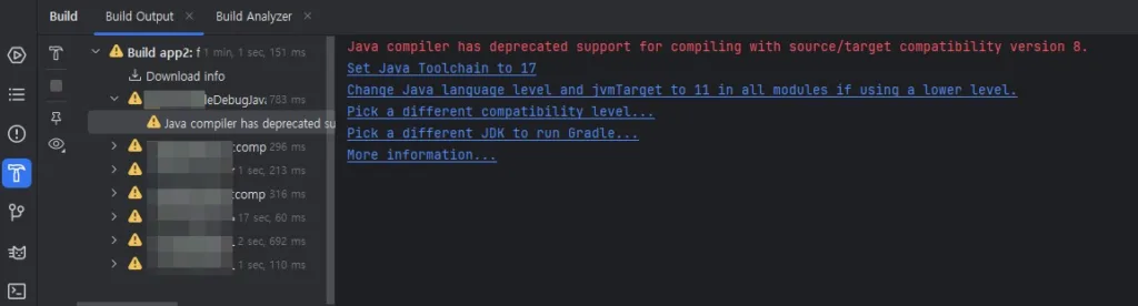 안드로이드 앱 Java compiler has deprecated support for compiling with source ...