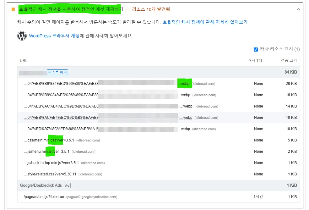 페이지 스피드 인사이트에서 효율적인 캐시 정책을 사용하여 정적인 애셋 제공하기 메시지 모습