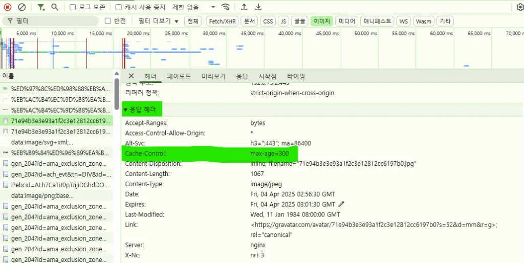 응답 헤더에 Cache TTL 값이 정상적으로 포함된 모습