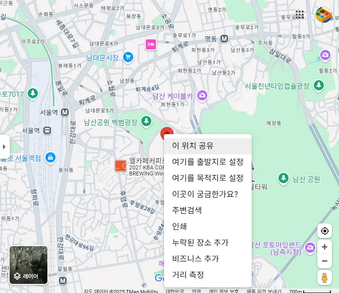 구글지도에서 위도,경도를 확인하고자하는 위치에서 위치 공유를 선택한다
