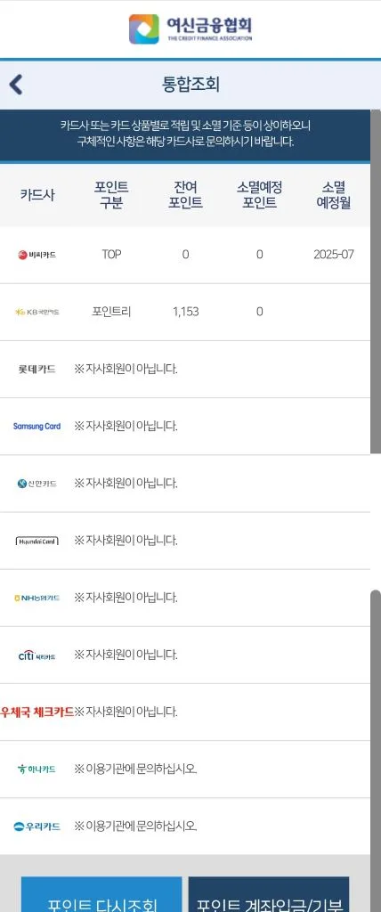 카드포인트 통합조회로 보유 포인트와 소멸예정월을 확인할 수 있다