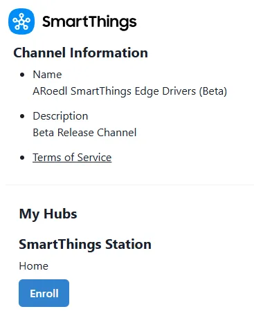 ARoedl SmartThings Edge Drivers 초대 링크에 접속해서 Enroll 버튼을 선택
