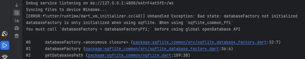 Flutter 윈도우에서 sqflite 사용시 "Unhandled Exception: Bad state: databaseFactory not initialized" 오류가 발생한 모습