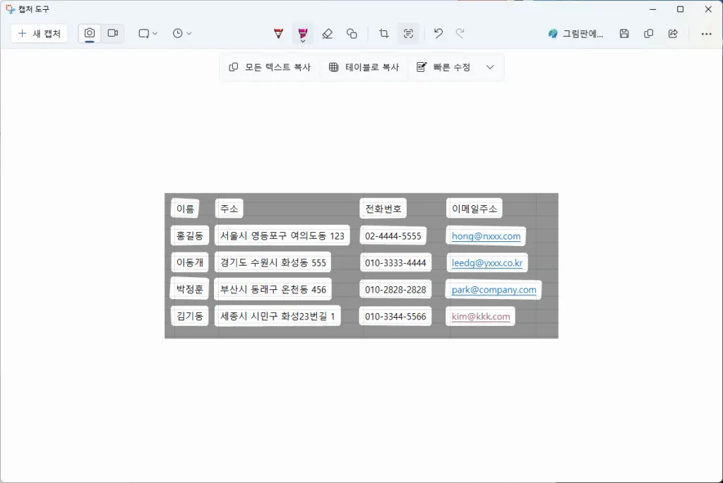 빠른 수정 처리 전, 전화번호와 이메일 주소가 감지된 모습