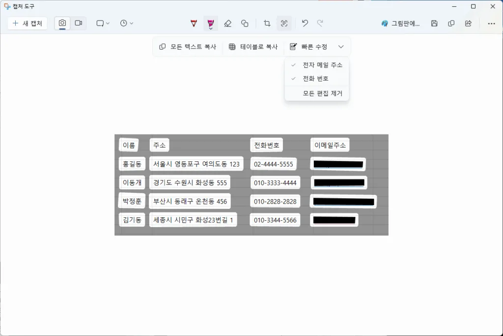 빠른 수정 처리 후, 이메일 가림 처리, 전화번호는 일부항목에서 적용되지 않음