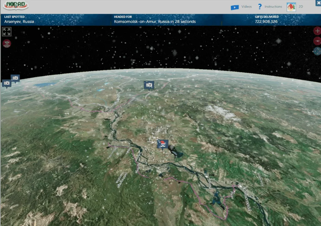 러시아에서 선물을 배달 중인 산타클로스