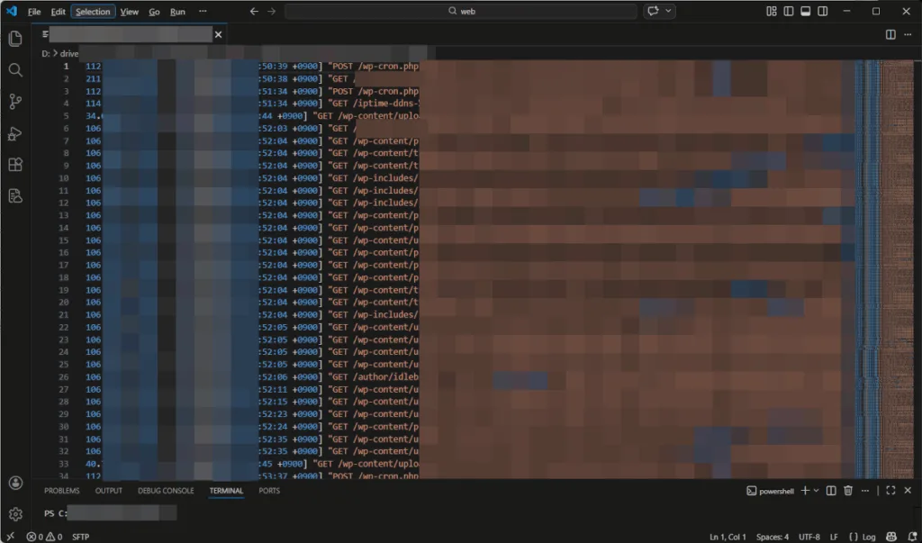 웹 로그를 Visual Studio Code로 확인한 모습