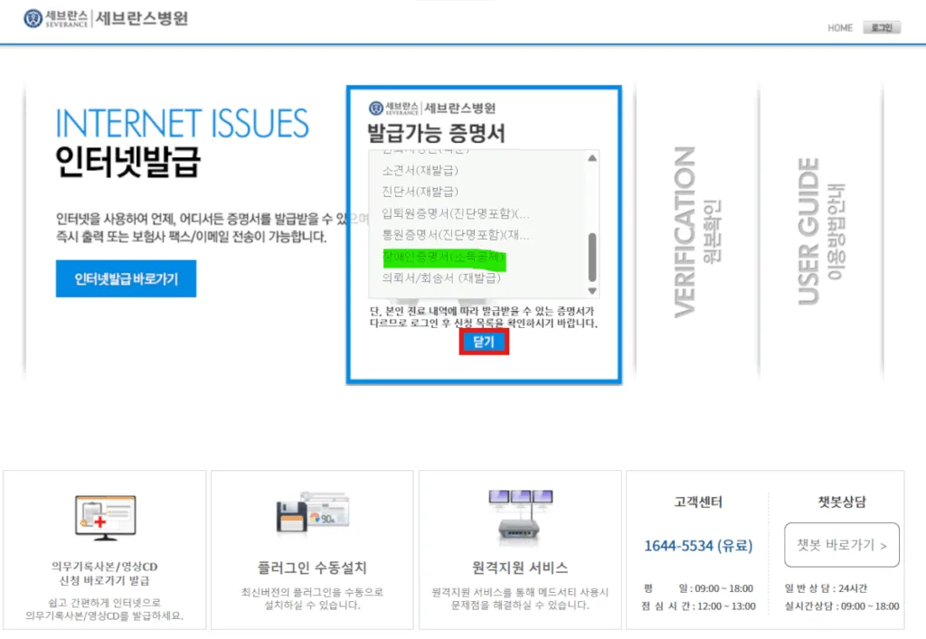 세브란스병원 온라인 발급 가능 증명서 목록