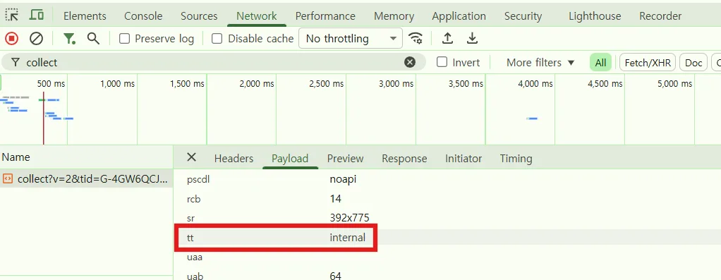 Chrome 개발자 도구 Network → Payload에서 tt: internal 확인