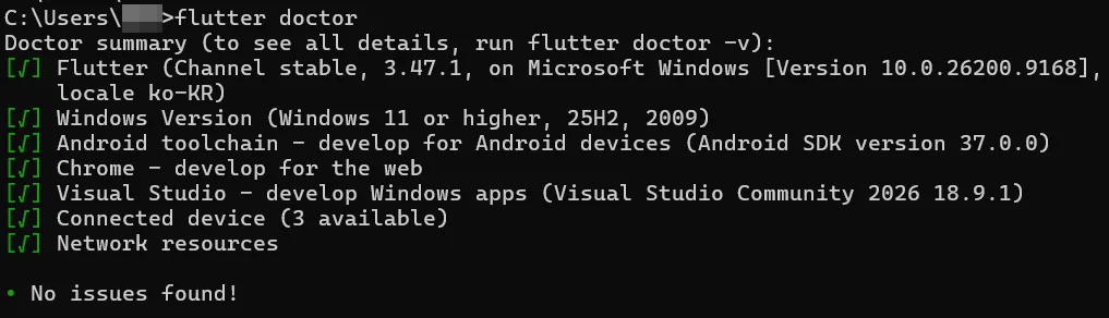 flutter doctor 실행 후 No issues found! 표시